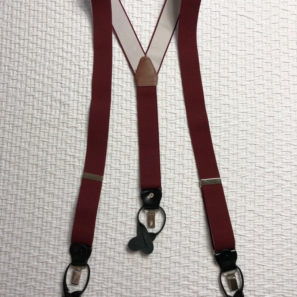 Vintage CAS Germany Maroon Burgundy Solid Elastic Suspenders Clip On Leather